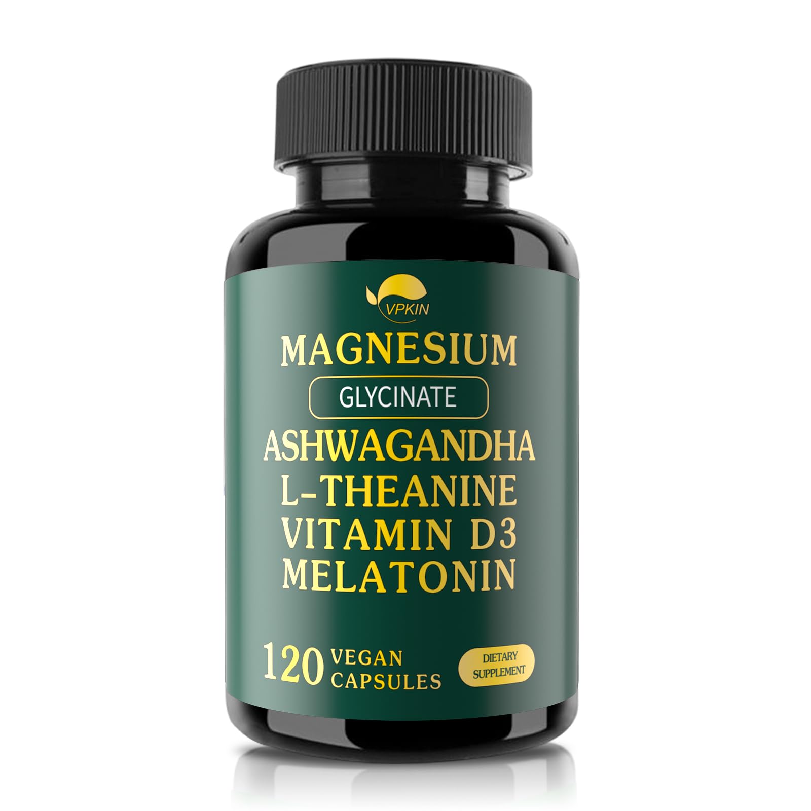 VPKIN magnesium-ashwagandha bottle close-up for daily balance and calm focus