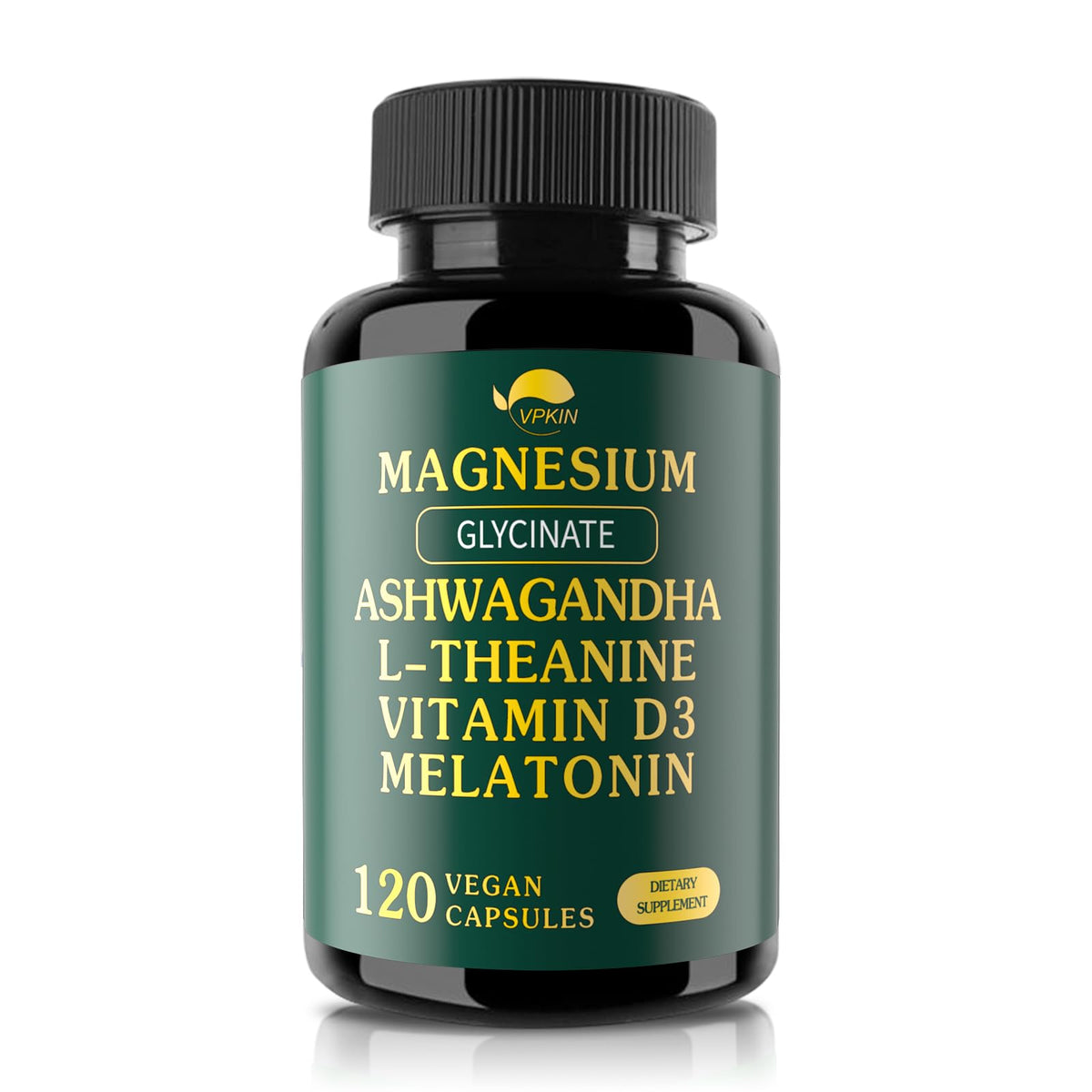 VPKIN magnesium-ashwagandha bottle close-up for daily balance and calm focus