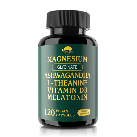 VPKIN magnesium-ashwagandha bottle close-up for daily balance and calm focus