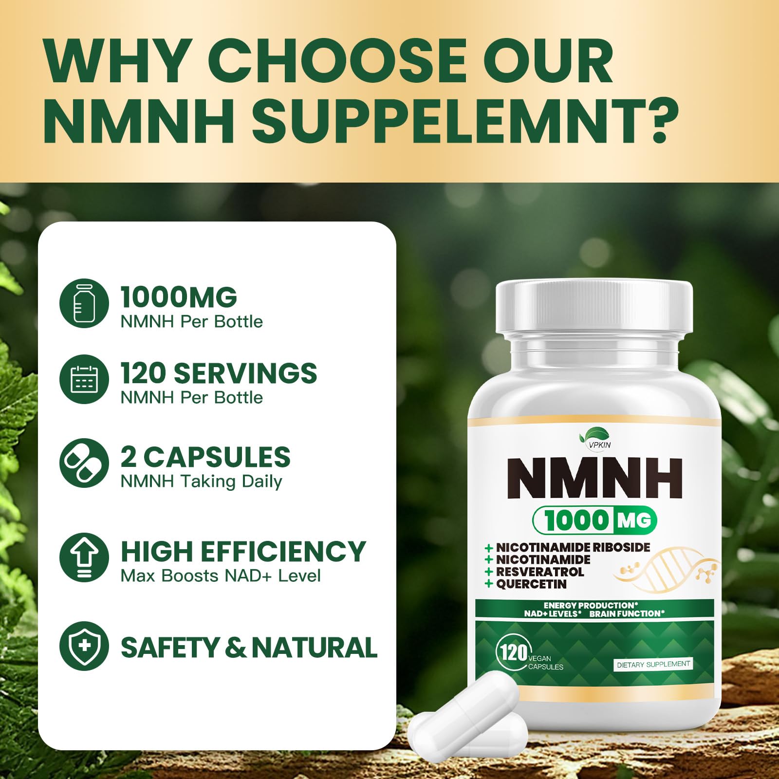 VPKIN NMNH ingredient blend features NMNH with NR, quercetin, resveratrol