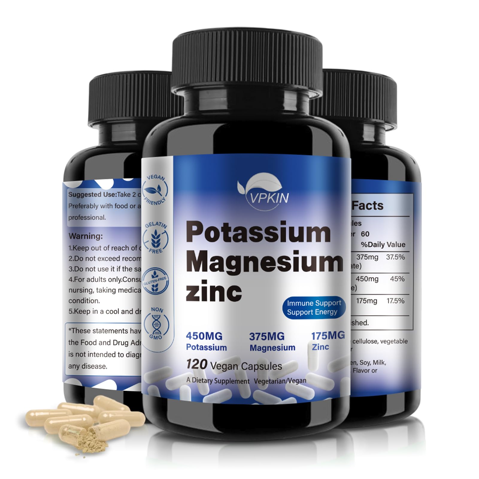 VPKIN Potassium Magnesium Complex bottle highlighting balanced minerals for daily wellness.