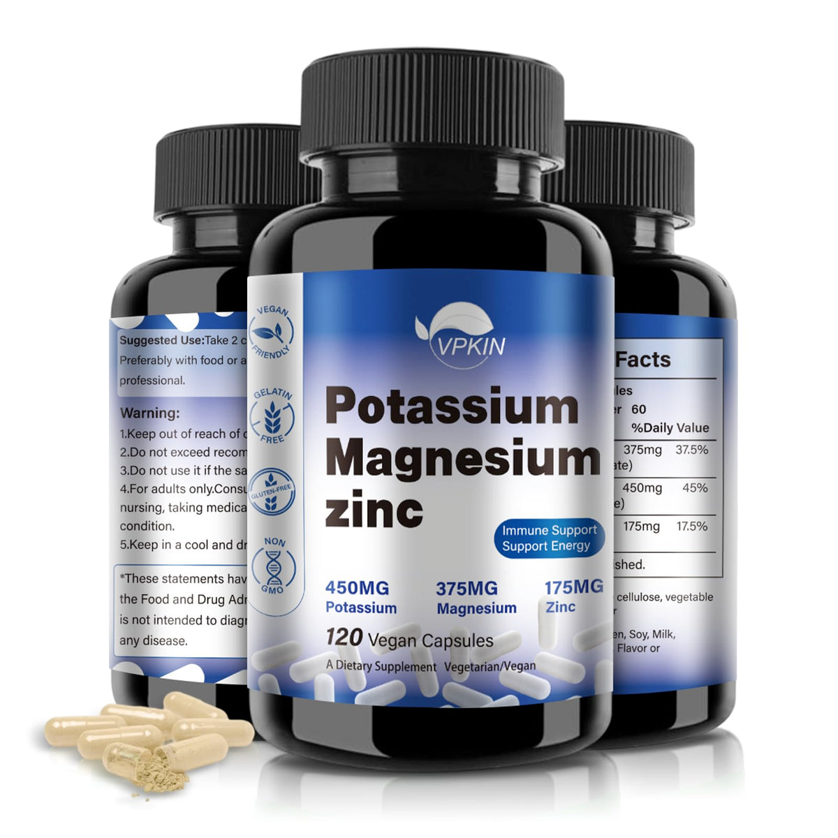 VPKIN Potassium Magnesium Complex bottle highlighting balanced minerals for daily wellness.
