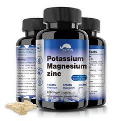 VPKIN Potassium Magnesium Complex bottle highlighting balanced minerals for daily wellness.