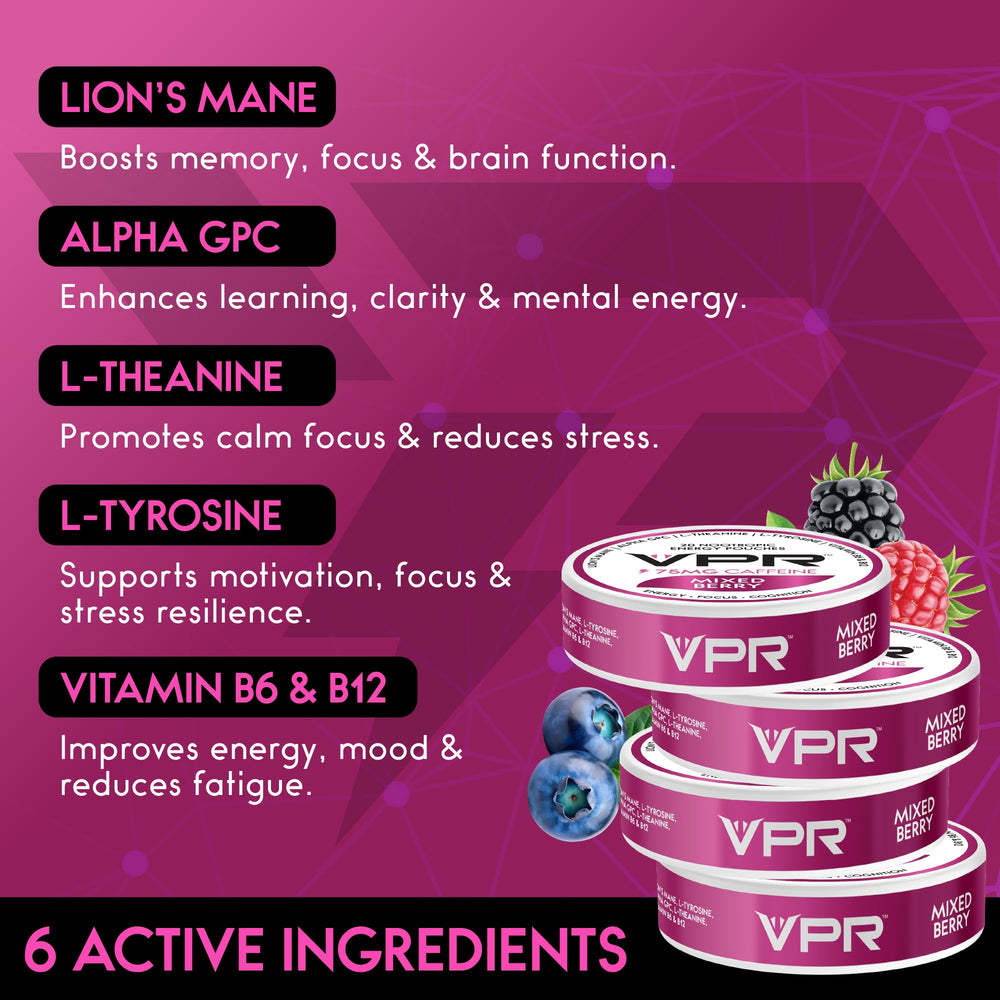 VPR Energy ingredients panel highlighting Alpha-GPC and Lion's Mane benefits