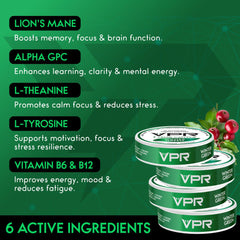 Close-up label on VPR Energy pouch showing no artificial flavors