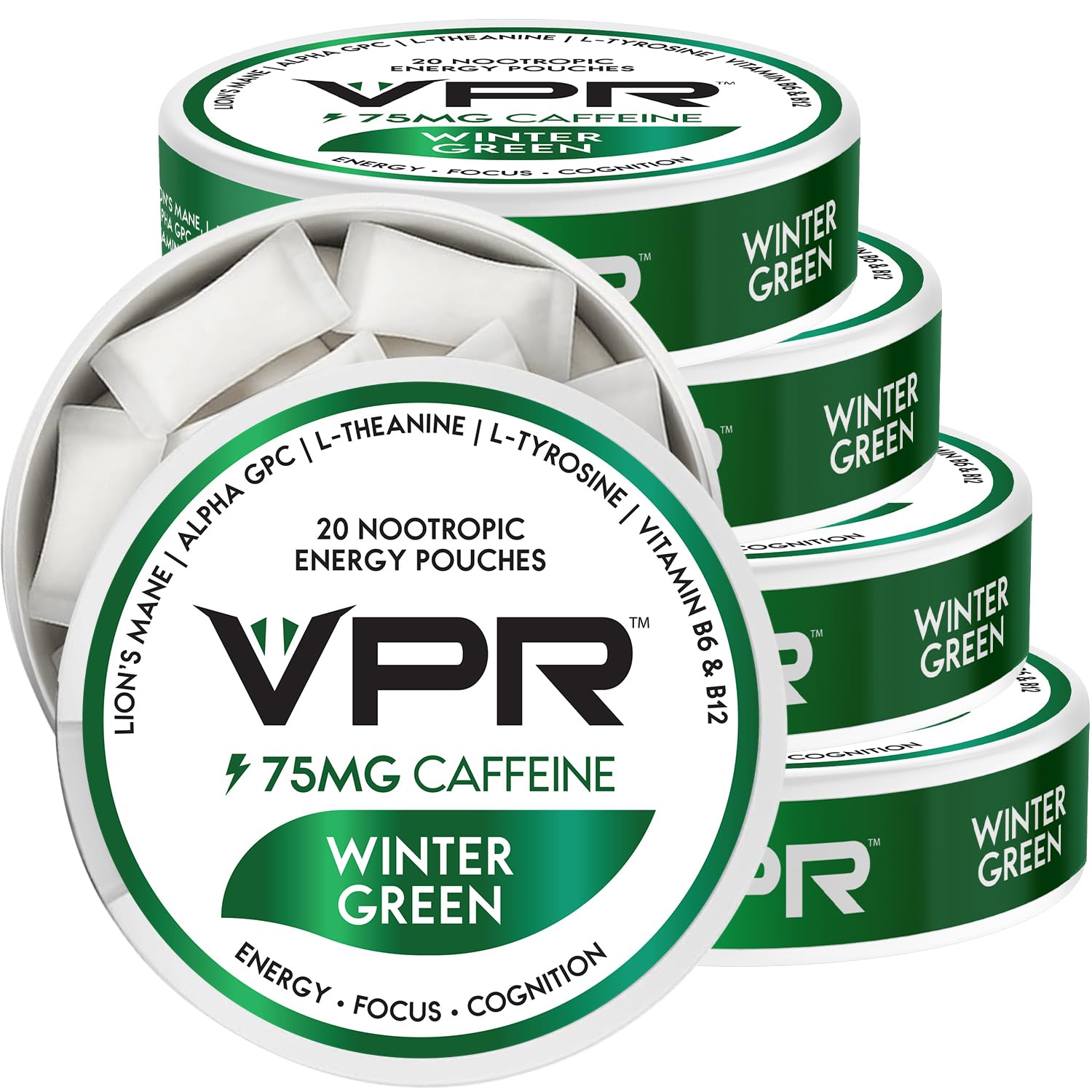 VPR Energy 75mg caffeine pouches packaging for on-the-go energy