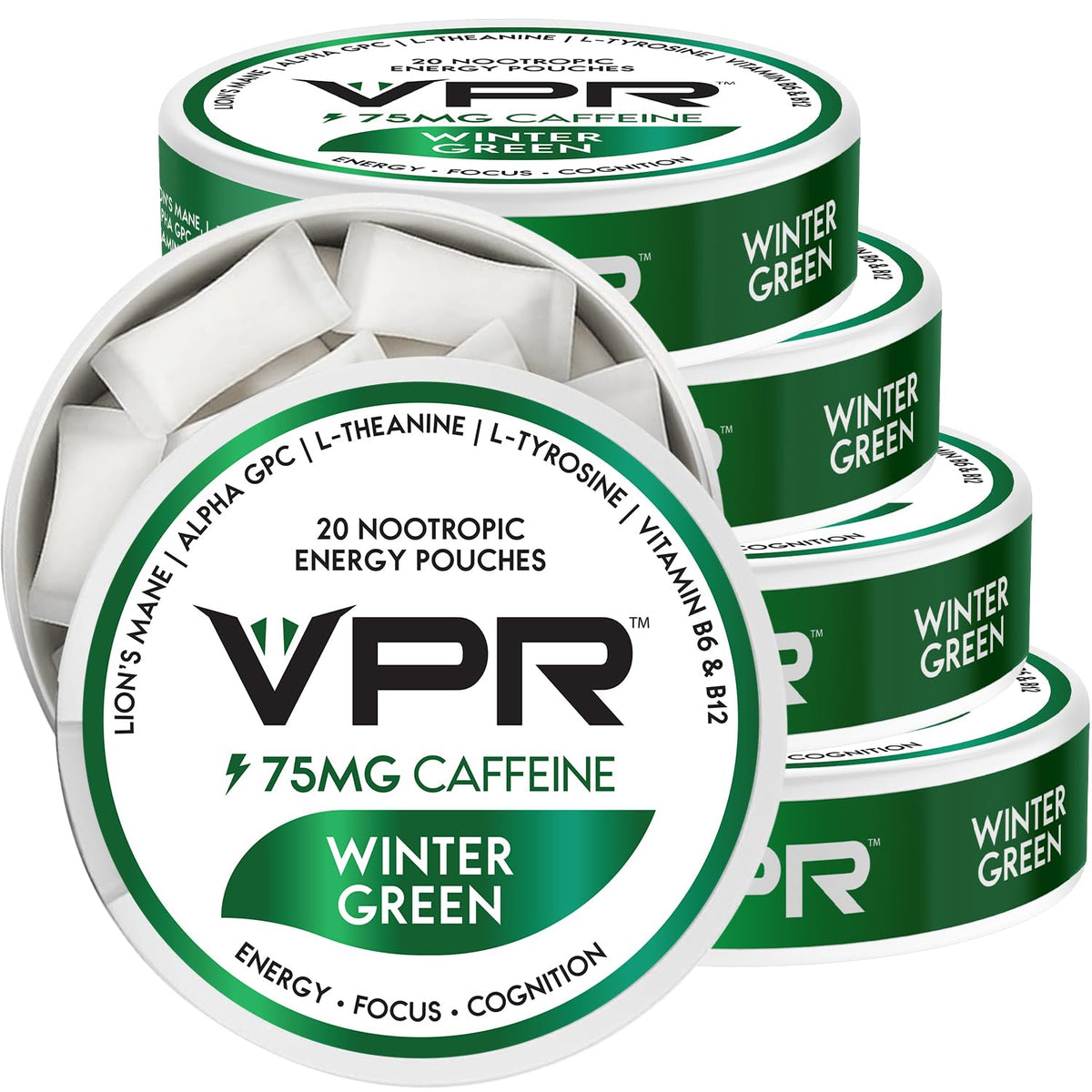 VPR Energy 75mg caffeine pouches packaging for on-the-go energy
