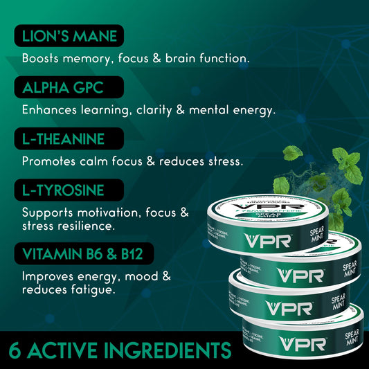 Close-up of VPR Energy caffeine pouch with spearmint flavor label
