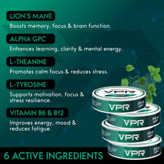 Close-up of VPR Energy caffeine pouch with spearmint flavor label