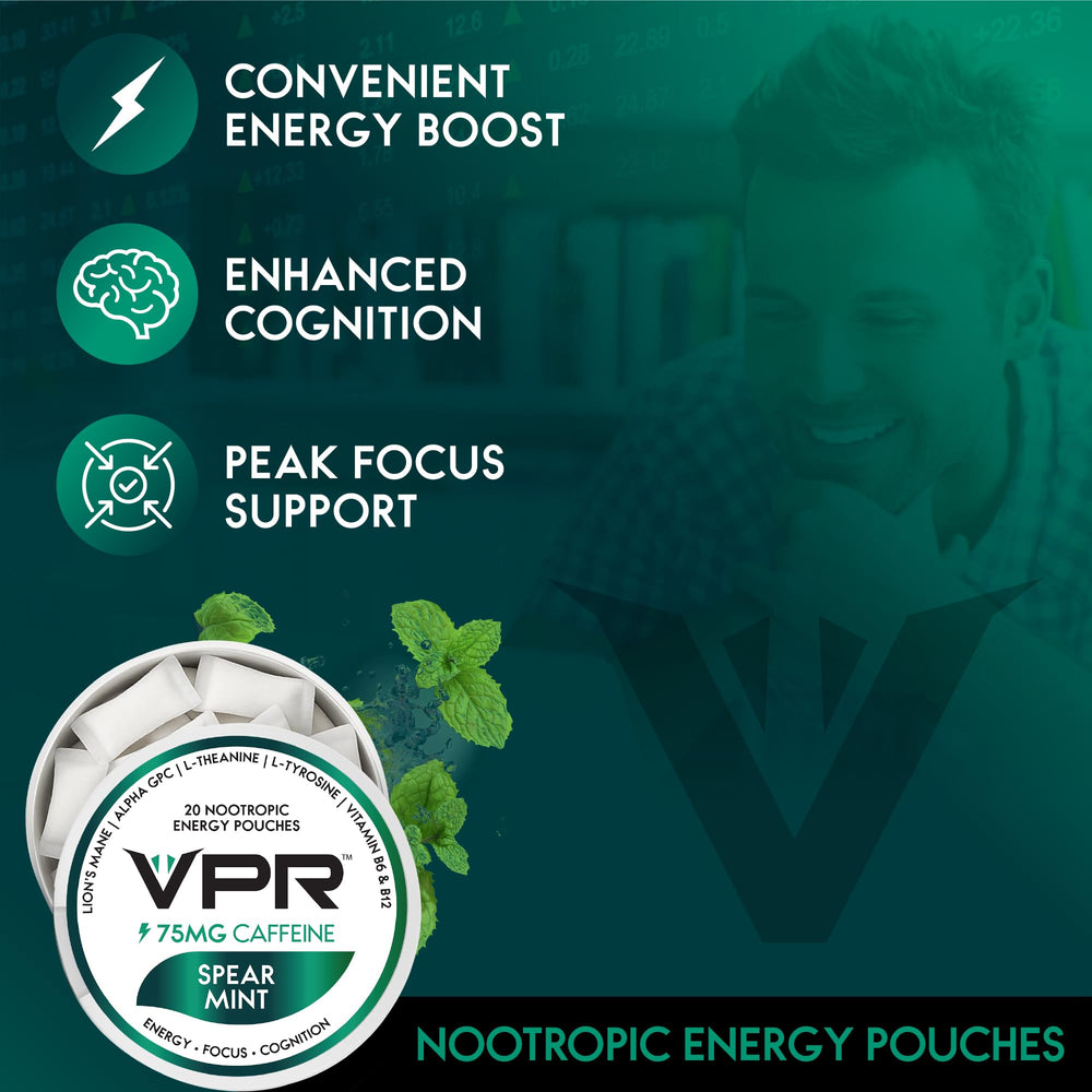 Lion's Mane and Alpha-GPC icons on VPR Energy pouch label