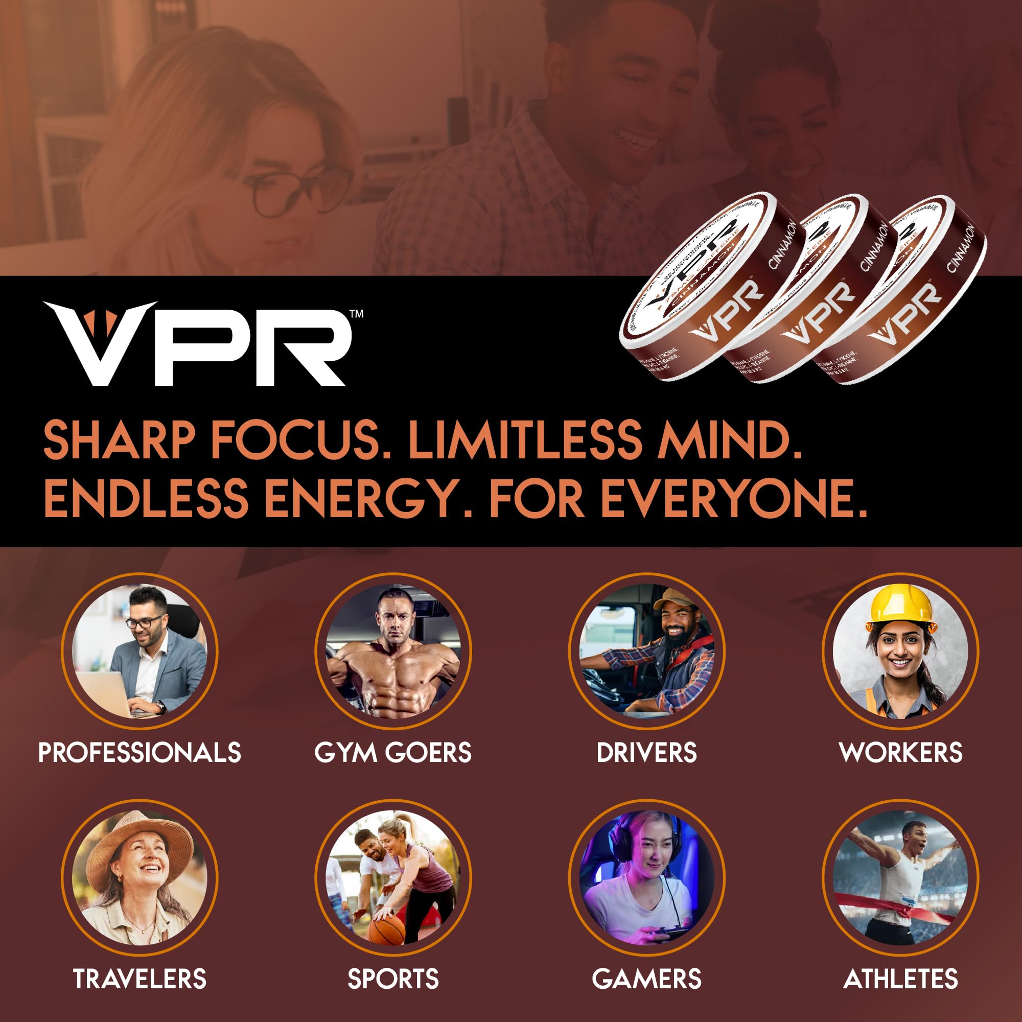 VPR Energy cinnamon-flavored pouch highlighting taste and energy