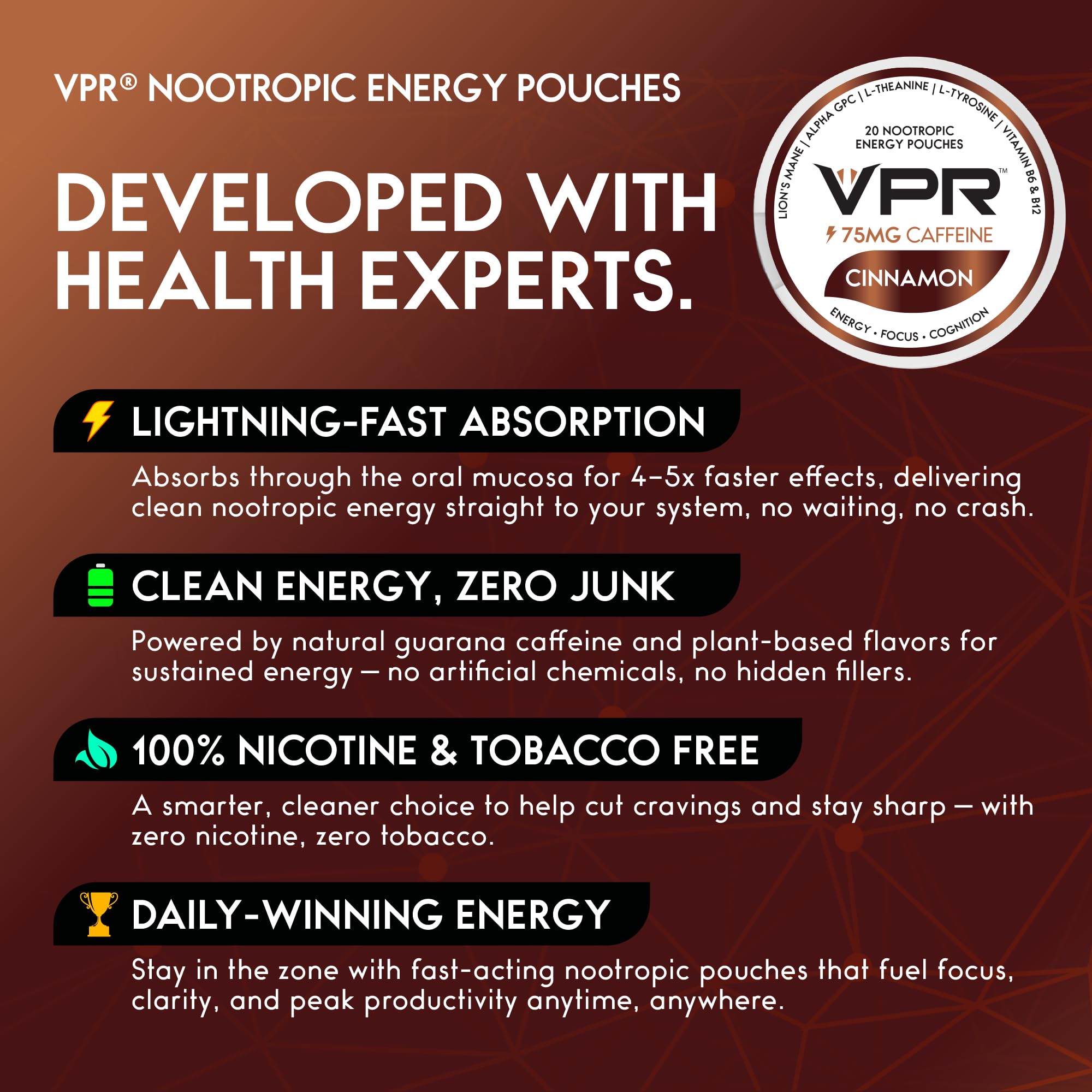 VPR Energy fast-acting gum absorption for discreet use in meetings