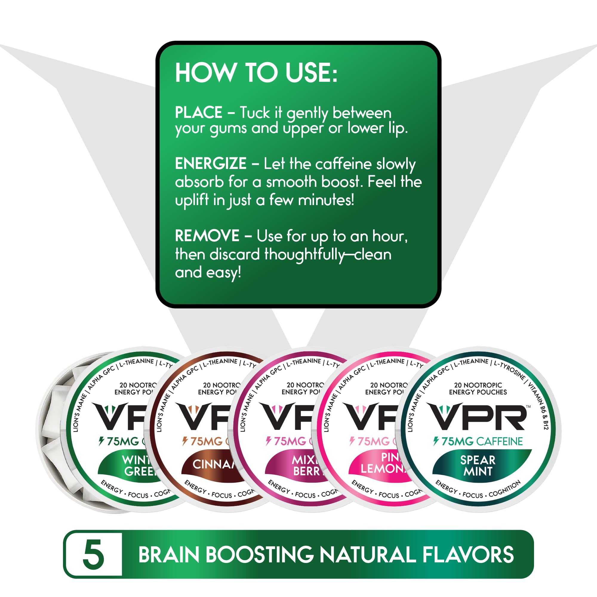 Discreet, pocket-sized VPR Energy pouch for quick boosts