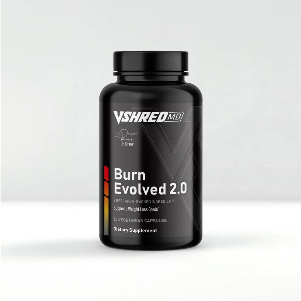 VShred MD Burn Evolved 2.0 bottle highlighting metabolic support and steady energy.