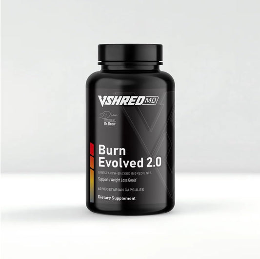 VShred MD Burn Evolved 2.0 bottle highlighting metabolic support and steady energy.