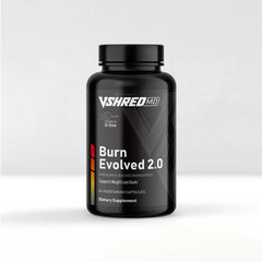 VShred MD Burn Evolved 2.0 bottle highlighting metabolic support and steady energy.