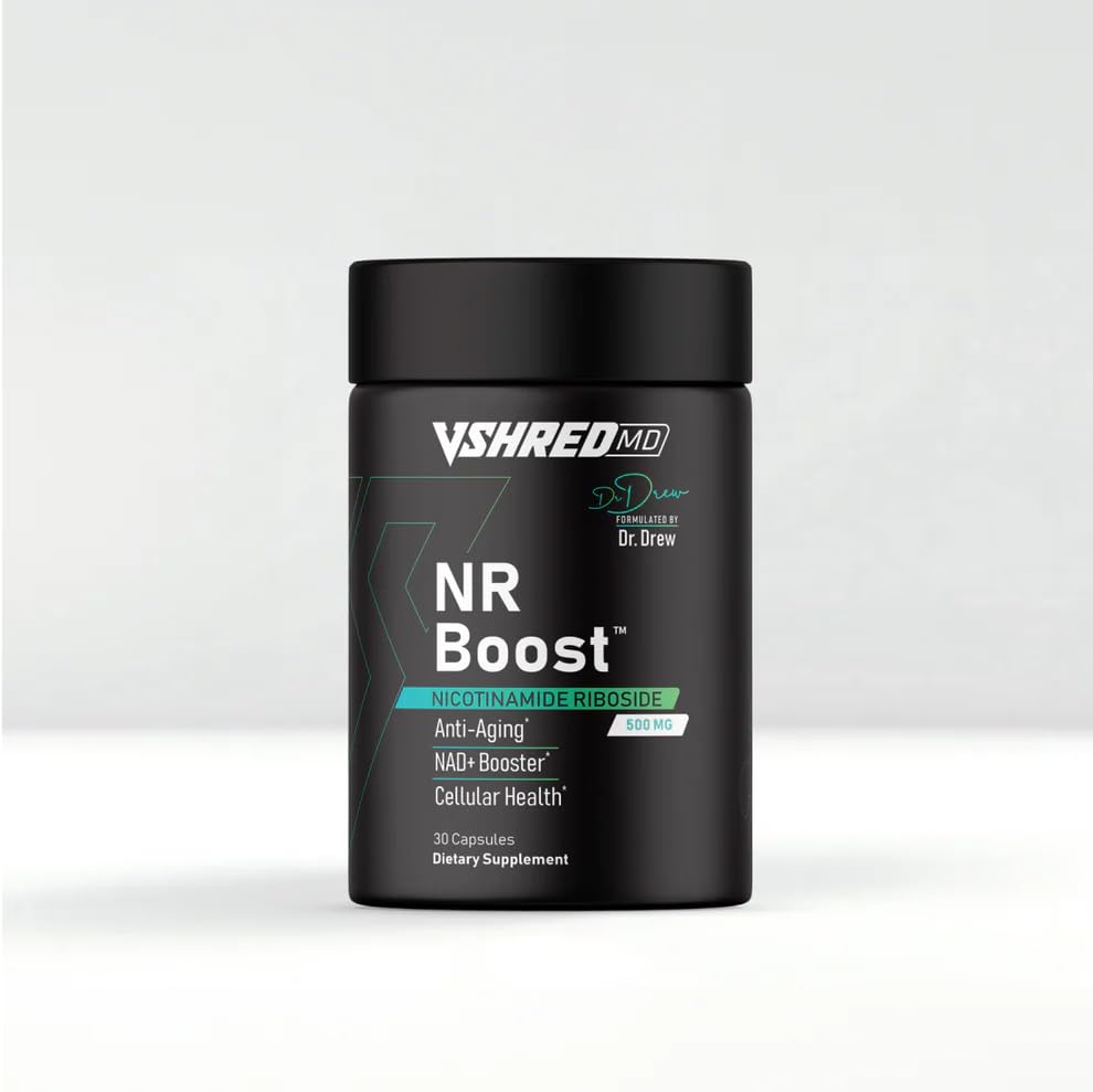 VShred MD NR Boost bottle close-up highlighting NR for cellular energy and vitality.