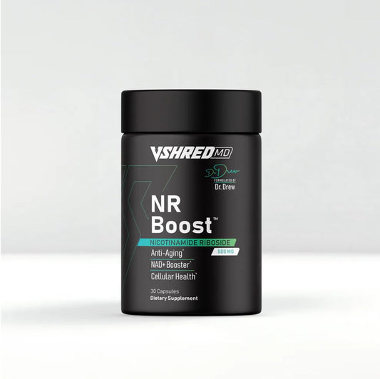 VShred MD NR Boost bottle close-up highlighting NR for cellular energy and vitality.