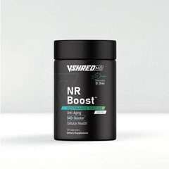 VShred MD NR Boost bottle close-up highlighting NR for cellular energy and vitality.