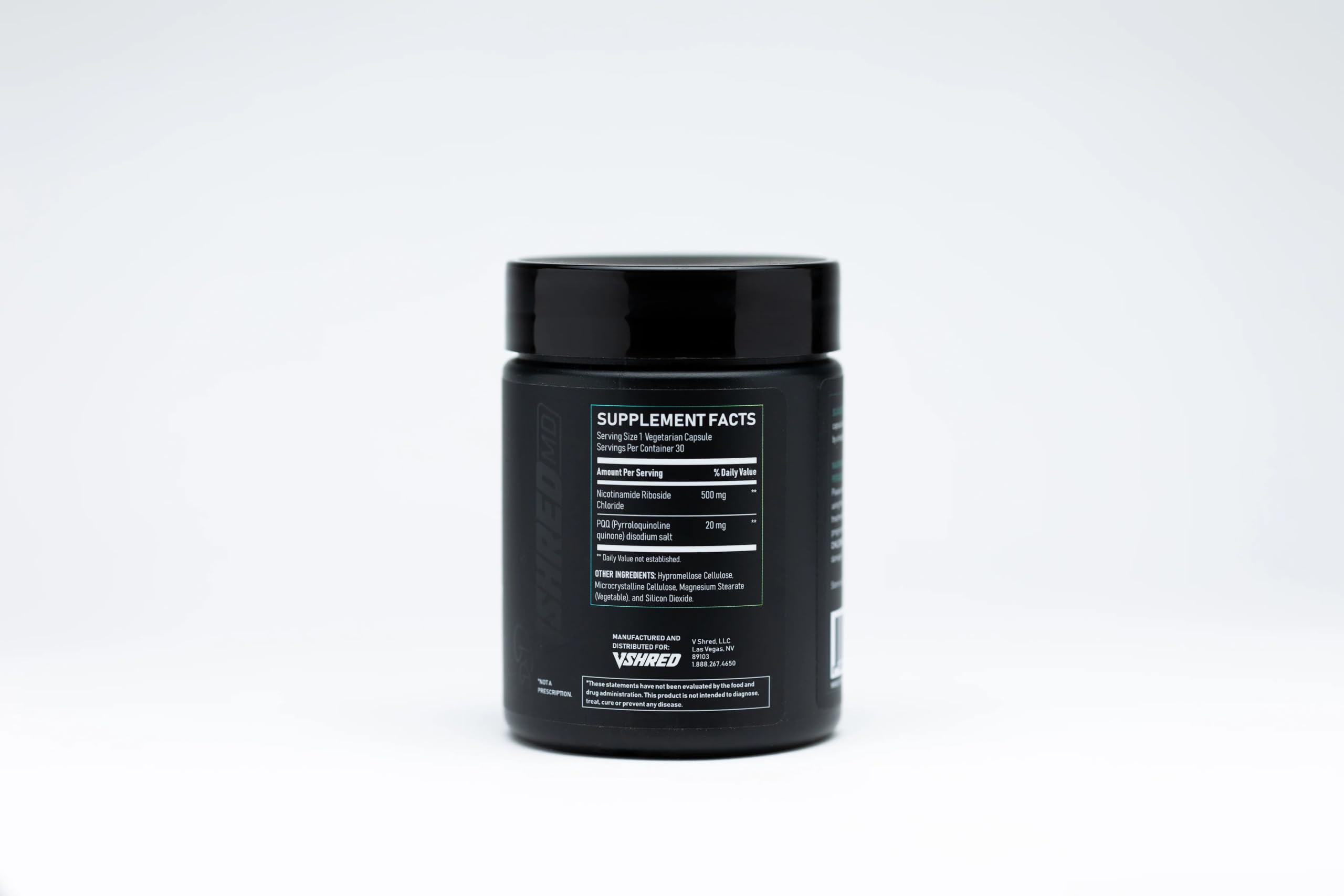 VShred MD NR Boost label on bottle, illustrating science-backed NAD+ support.