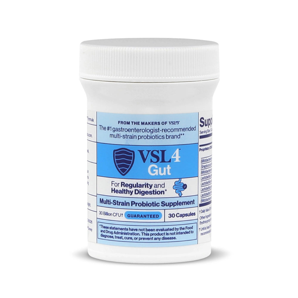 VSL4 Gut Daily capsules closeup highlights multi-strain formula for digestive support.