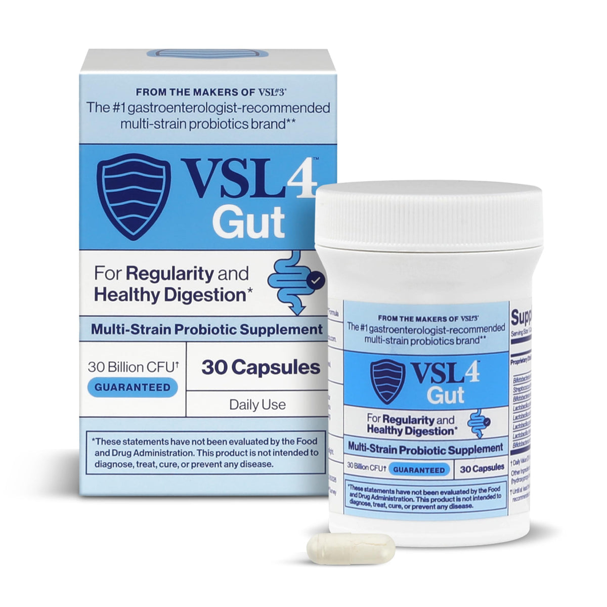 VSL4 Gut Daily probiotic bottle front promotes everyday gut balance and comfort.