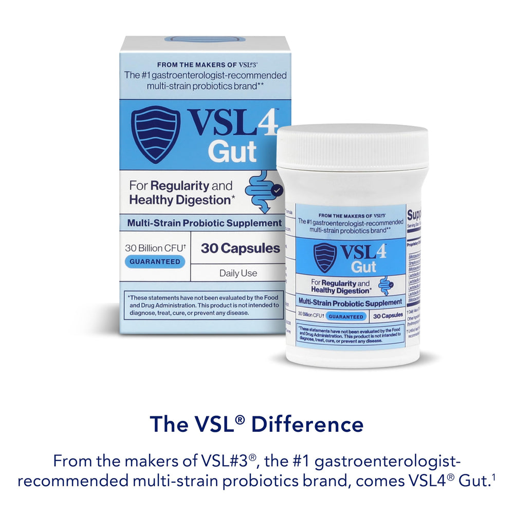VSL4 Gut Daily Probiotics capsules closeup illustrates delayed-release protection
