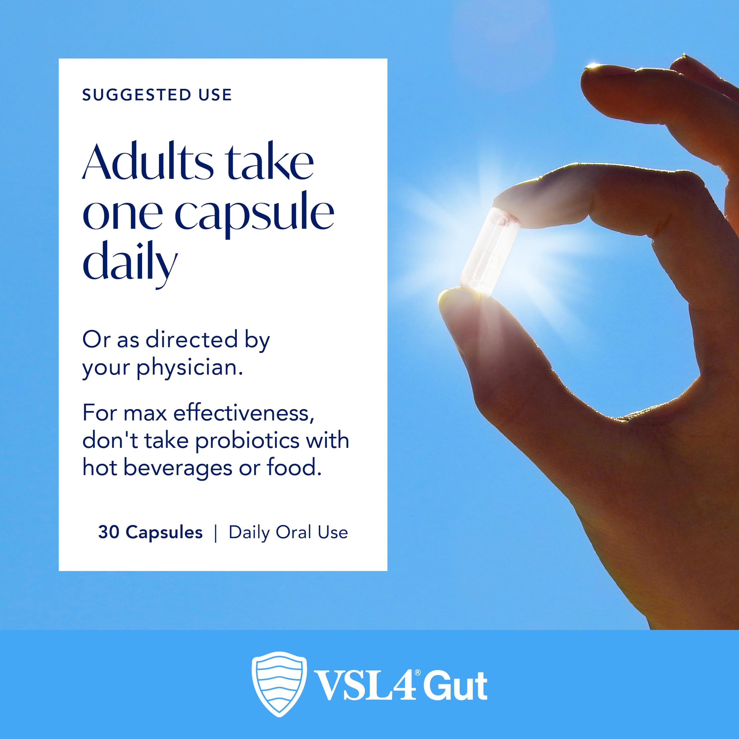VSL4 Gut Daily capsules on label indicate daily routine suitability.