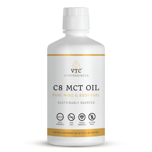 VTC VitaTradingCo 100% Pure C8 MCT Oil bottle boosts clean energy.