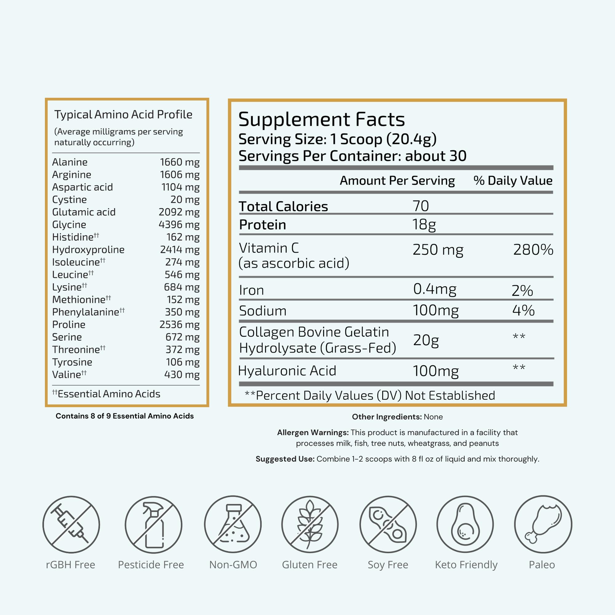 Collagen powder scoop beside the tub, ideal for easy daily dosing.