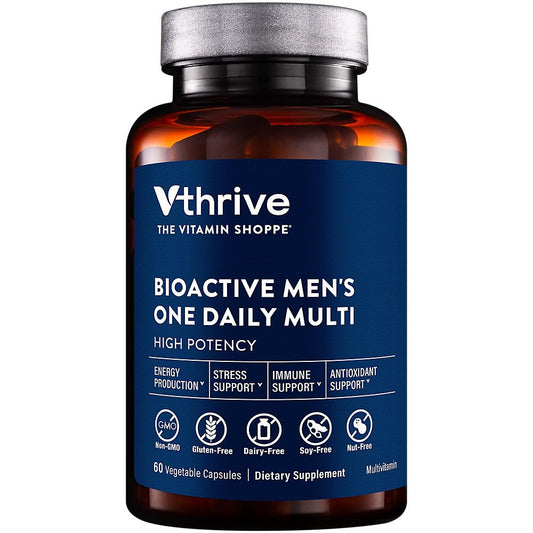 Vthrive Bioactive Men multivitamin bottle with capsules for daily immune and energy support.
