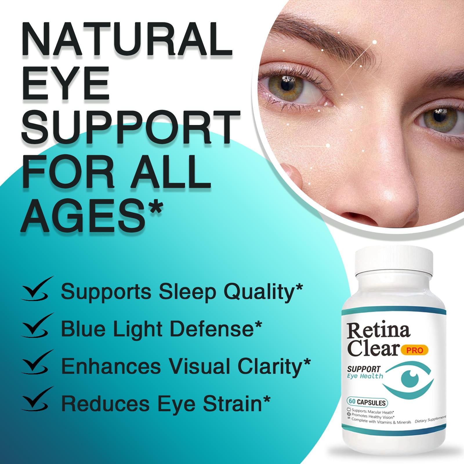 Vunexo Retina Clear Pro ingredients chart featuring lutein and bilberry