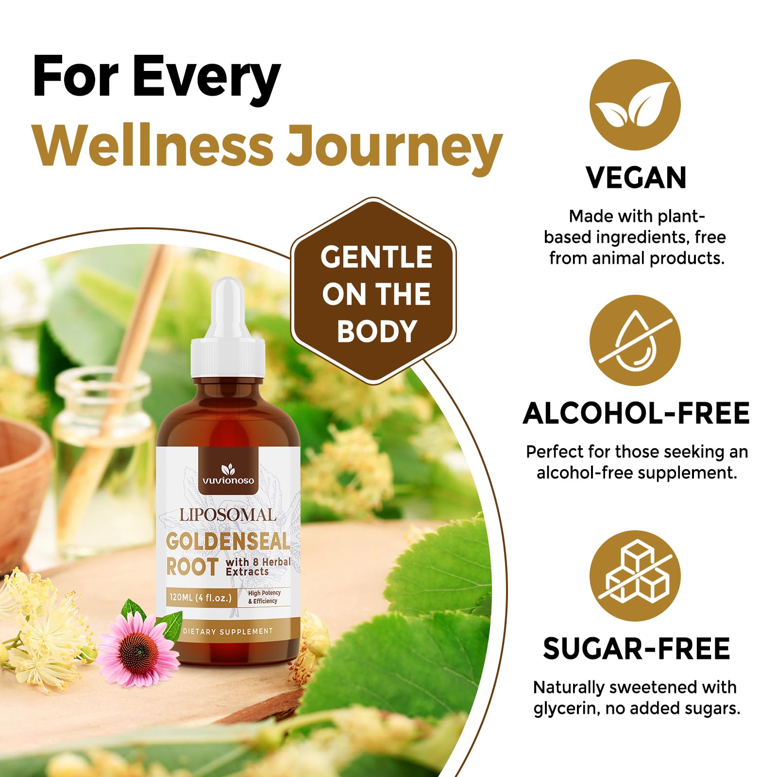 Vuvionoso tincture label close-up highlighting sugar-free vegan formula.