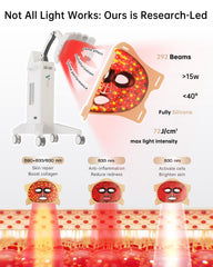 Close-up of V VYM By Clinmate LED panel emitting multi-wavelength light for skin vitality.