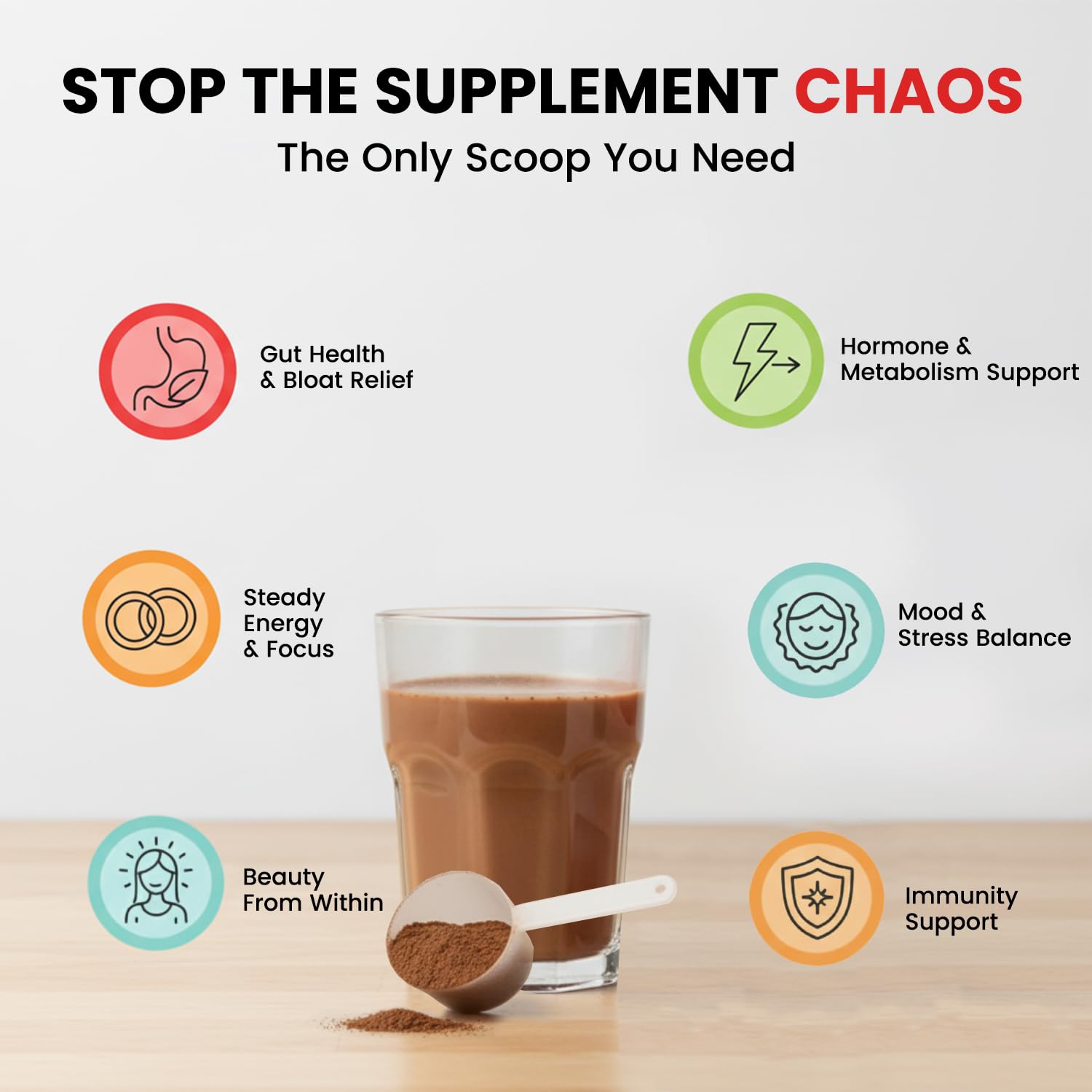VYB All-in-One Chocolate Powder added to smoothie for balanced wellness.