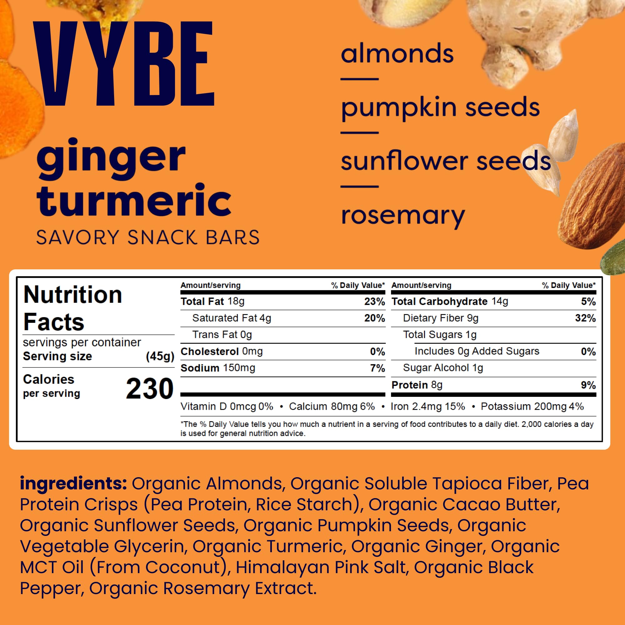 Vybe Savory Turmeric Ginger Bars close-up shows bold spice and crunch.