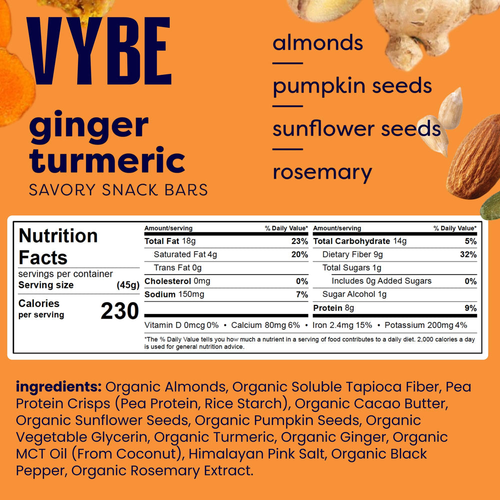 Vybe Savory Turmeric Ginger Bars close-up shows bold spice and crunch.