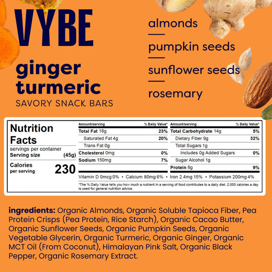 Vybe Savory Turmeric Ginger Bars close-up shows bold spice and crunch.