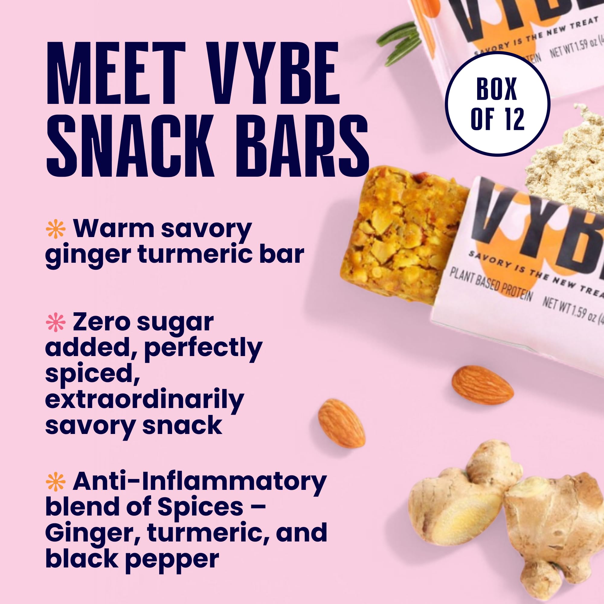 Vybe Savory Turmeric Ginger Bars ingredients highlight organic almonds and seeds.