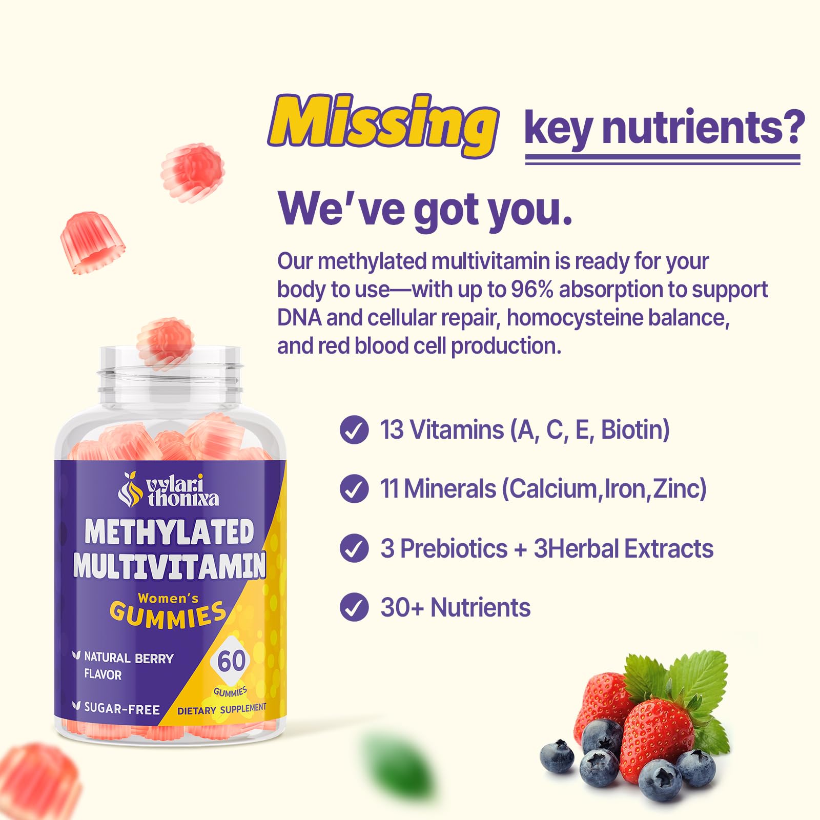 Vylarithonixa bottle with gummies on wood suggests simple daily wellness.