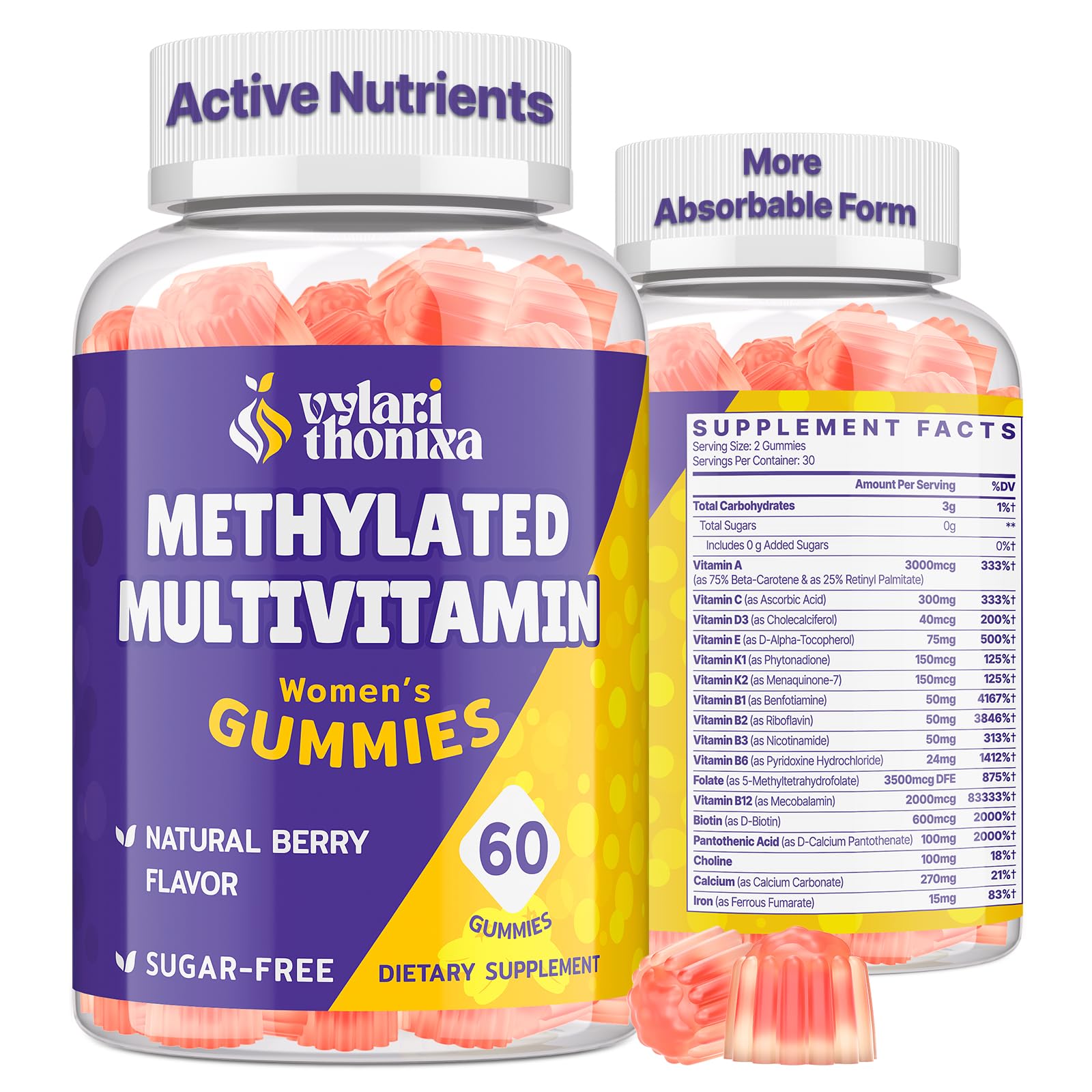 Vylarithonixa methylated multivitamin gummies bottle supports daily energy and wellness.