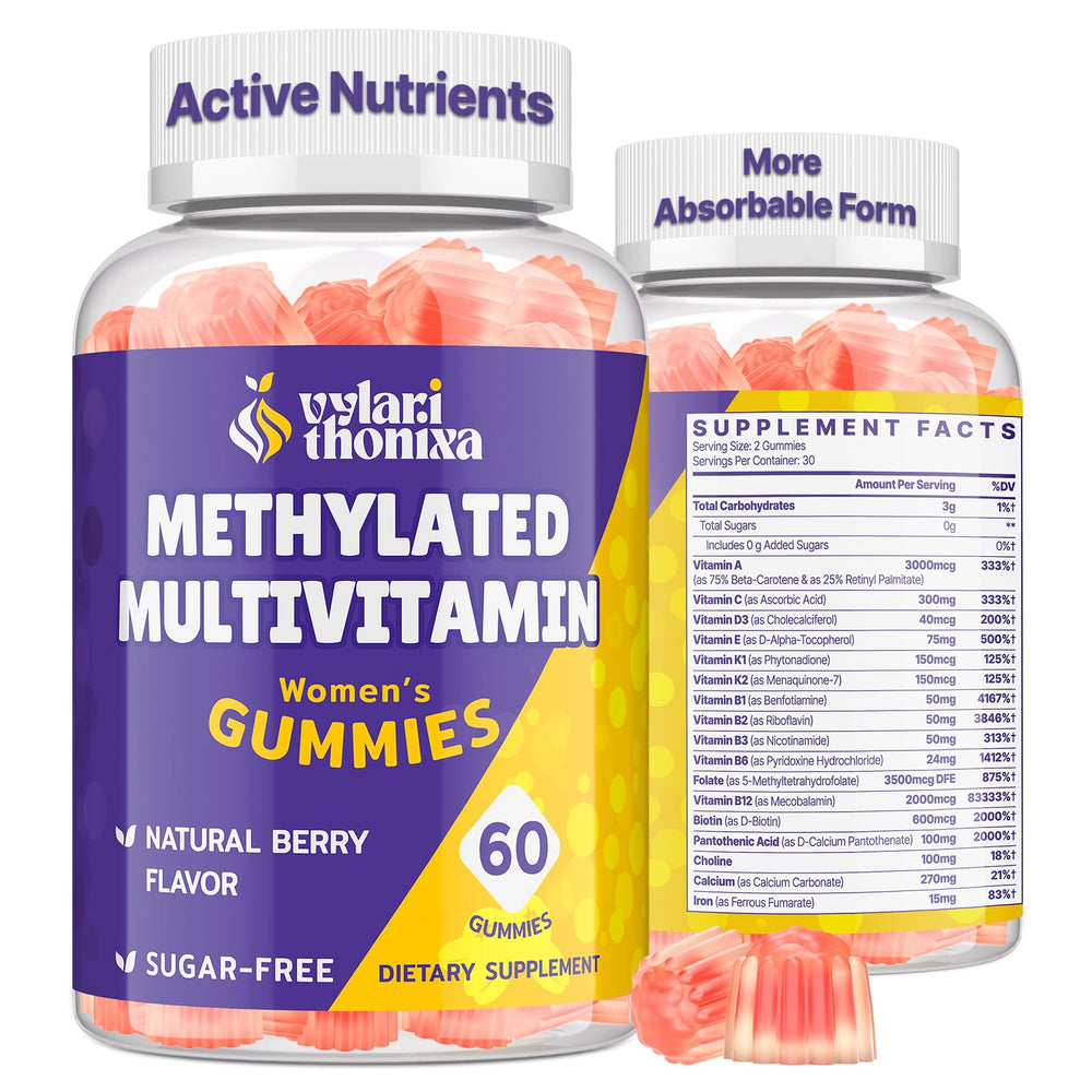 Vylarithonixa methylated multivitamin gummies bottle supports daily energy and wellness.