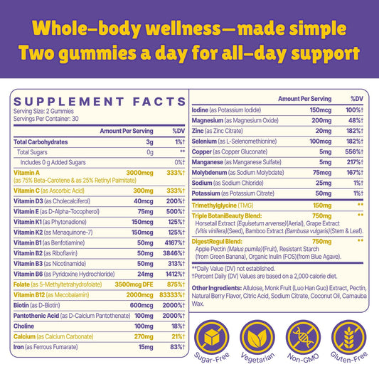 Vylarithonixa methylfolate B12 gummies close-up label highlights easy absorption.