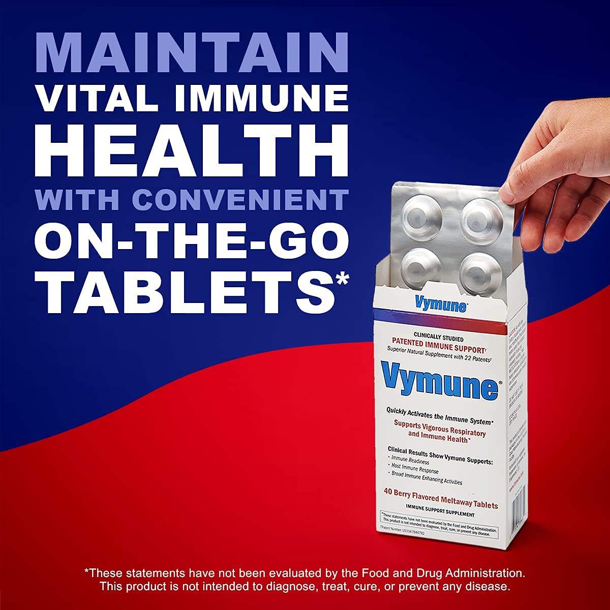 Vymune label highlights berry flavor and no artificial additives.