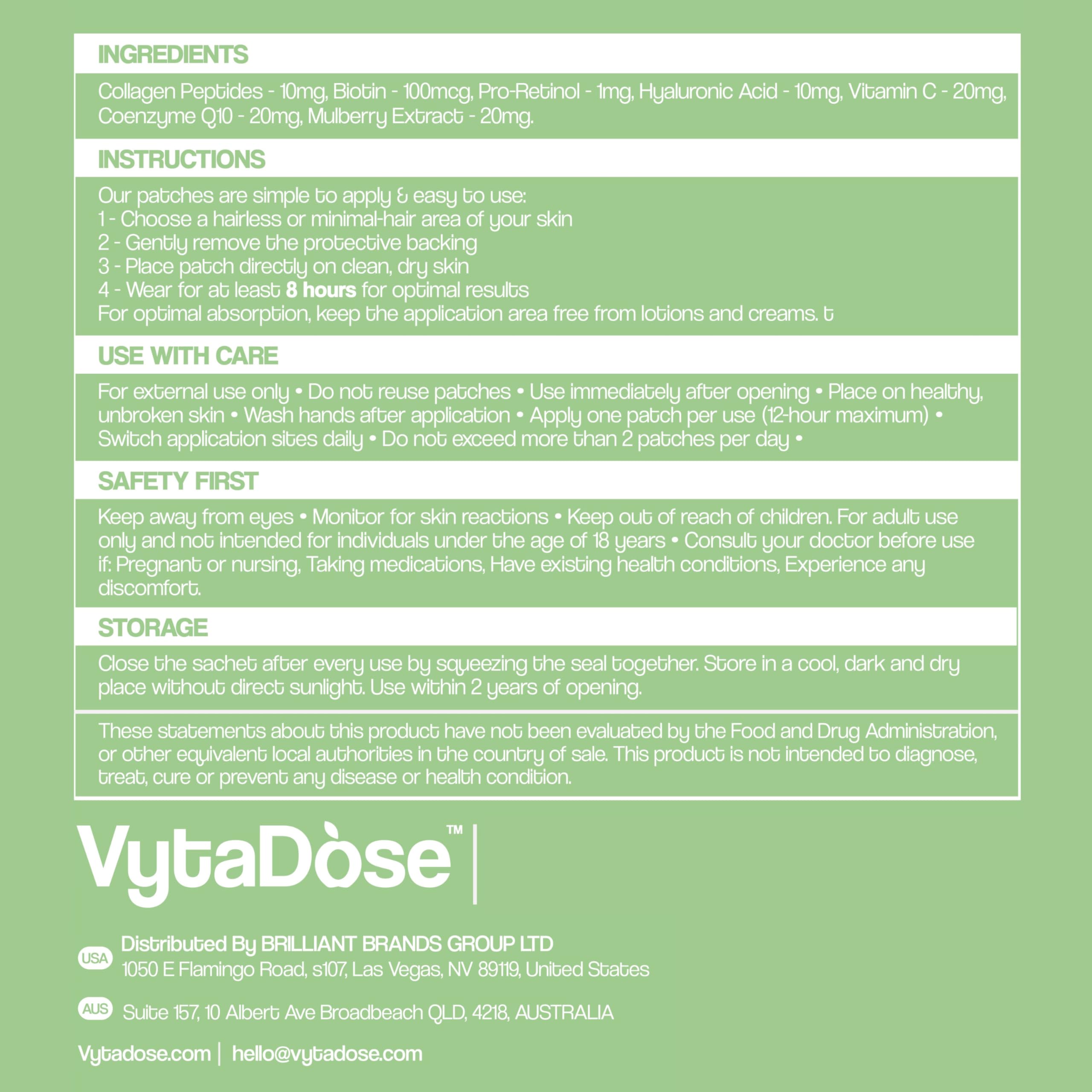 Vytadose Patches ingredients chart overview.