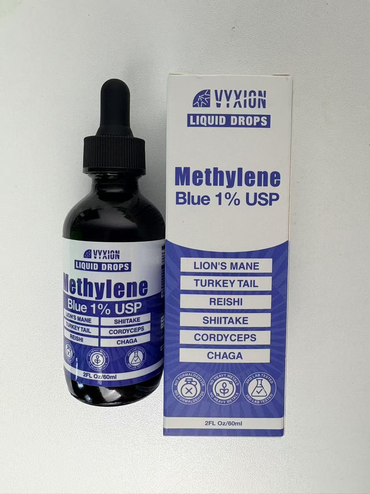 Vyxion Lion's Mane mushroom blend label highlighting cognitive support potential.