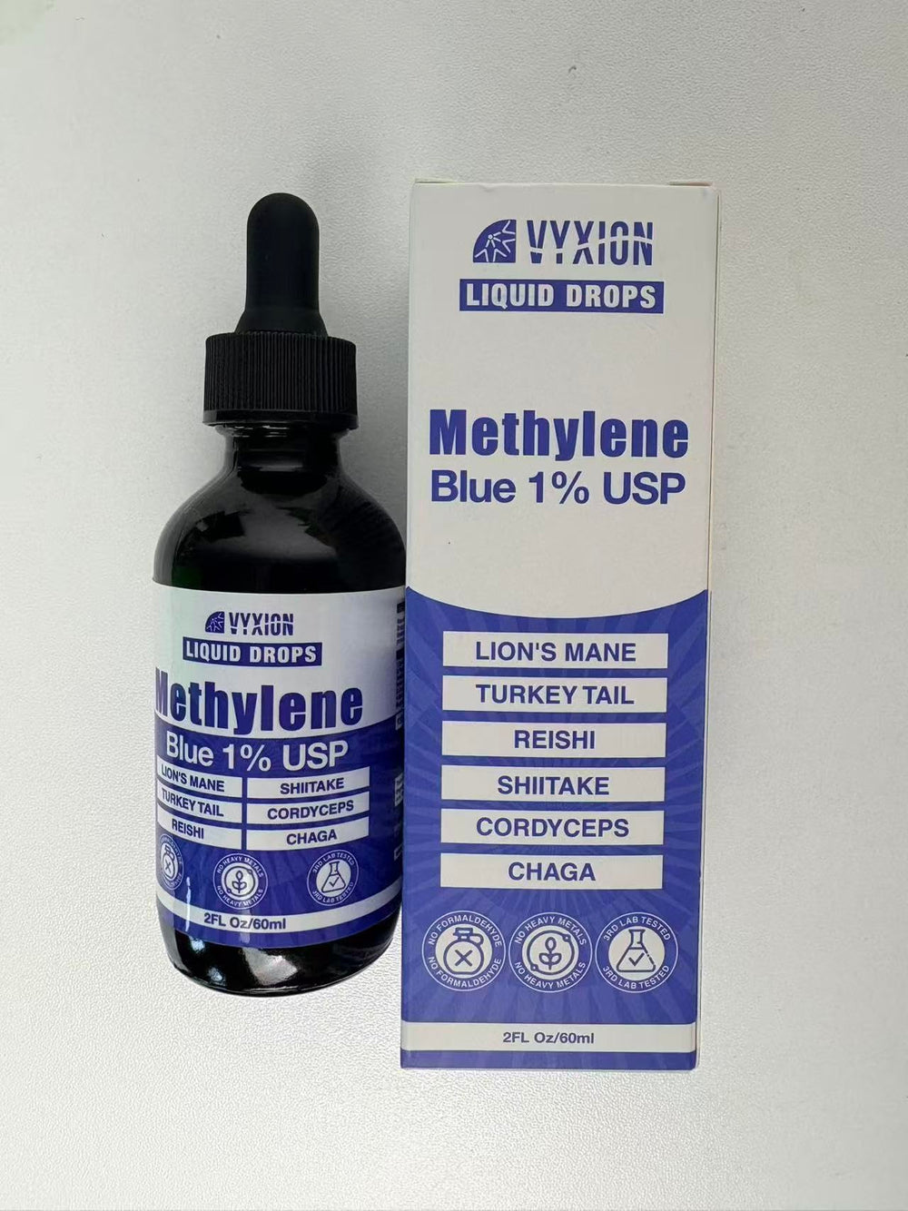 Vyxion Lion's Mane mushroom blend label highlighting cognitive support potential.