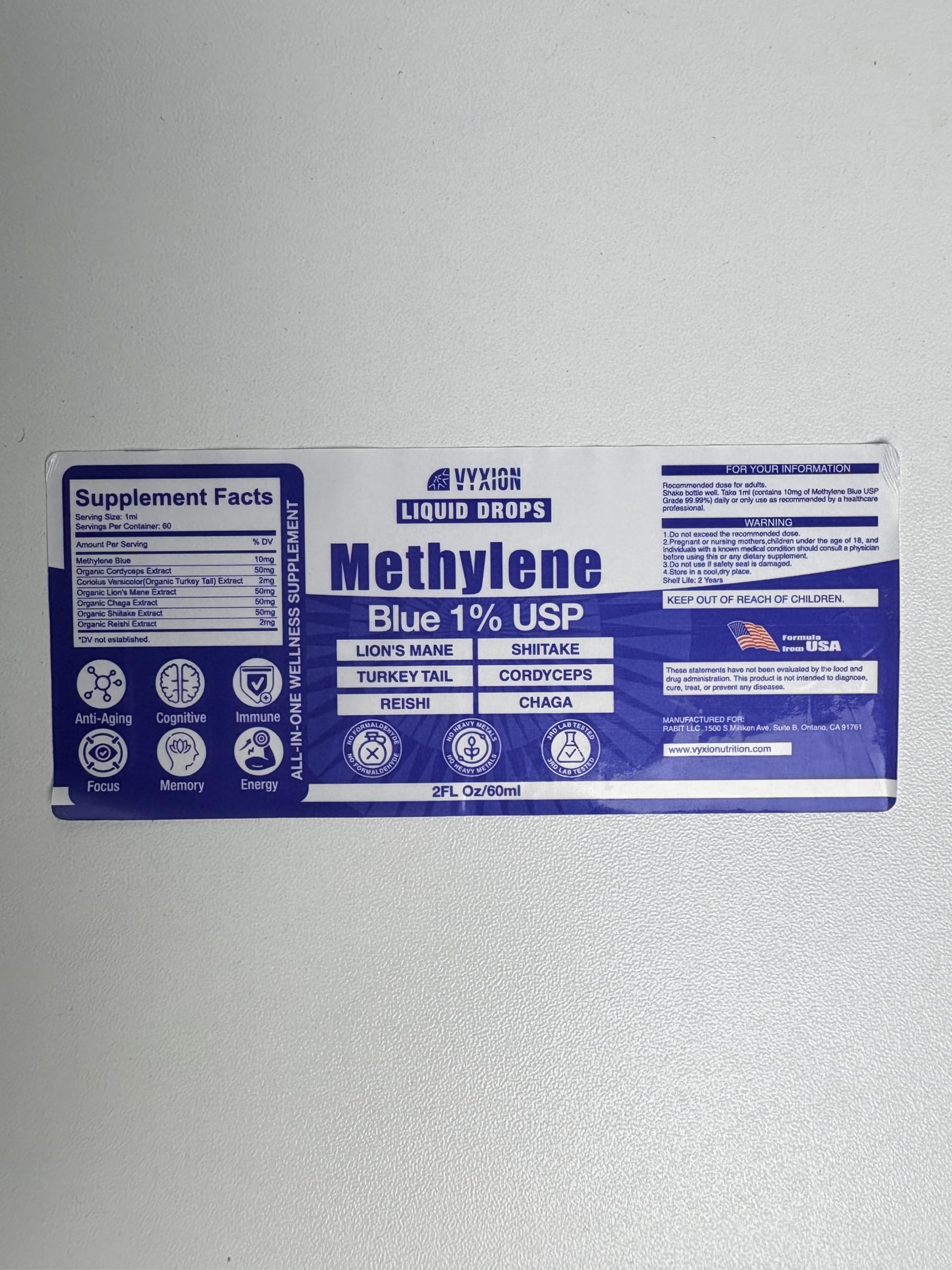 Vyxion Shiitake mushroom blend label for versatile daily use.