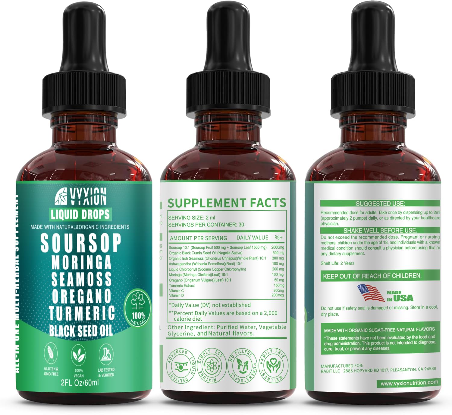 Vyxion Soursop Bitters liquid dropper in use for on-the-go energy support.