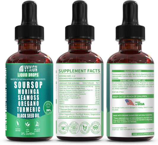 Vyxion Soursop Bitters liquid dropper in use for on-the-go energy support.